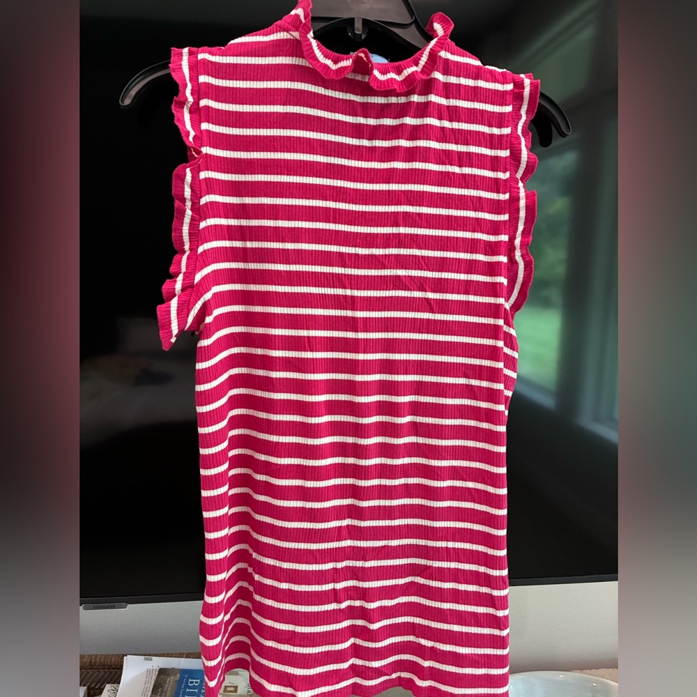CeCe Hot Pink & White Striped Ruffle Tank Top